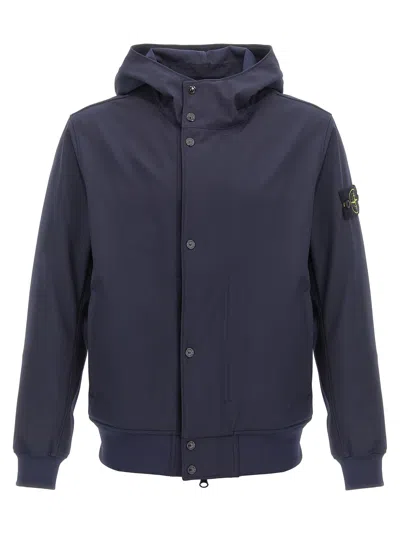 STONE ISLAND BLUE JACKET WITH HOOD WITH BUTTONS AND LOGO PATCH ON THE SLEEVE IN TECH FABRIC STRETCH MAN