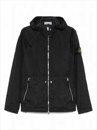 Stone Island Lightweight Hooded Jacket With Zippered Front And Patch Detail In Black