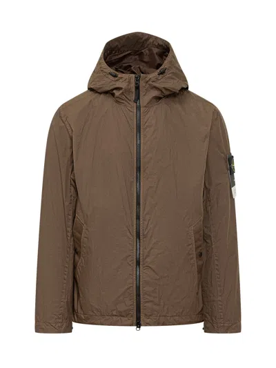 Stone Island Lightweight Jacket With Hood And Zip In Brown