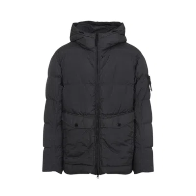 Stone Island Lightweight Puffy Coat With Hood And Zip Closure In Black