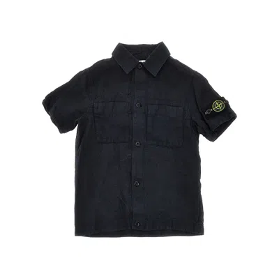 Stone Island Linen Shirt With Logo Badge Kids In Blue