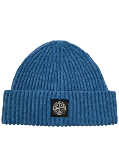 Stone Island Logo-appliquéd Wool Beanie In Blue