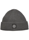 Stone Island Virgin Wool Ribbed Beanie In Gray