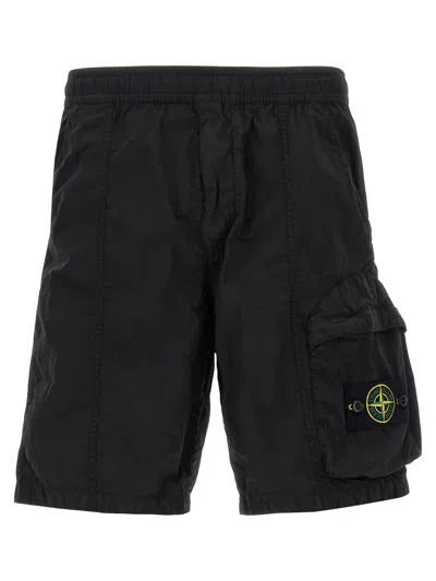Stone Island Stretch Cotton Gabardine Cargo Shorts In Black