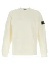 Stone Island White Crewneck Sweater With Logo Patch In Wool Blend Man