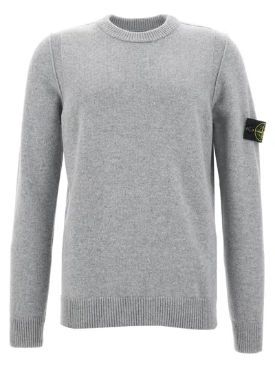 Stone Island Classic Crew Neck Grey Knitwear Sweater With Compass Patch In Gray