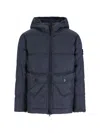 Stone Island Blue Down Jacket With Drawstring Hood And Logo Patch On The Sleeve In Tech Fabric Man In Blue