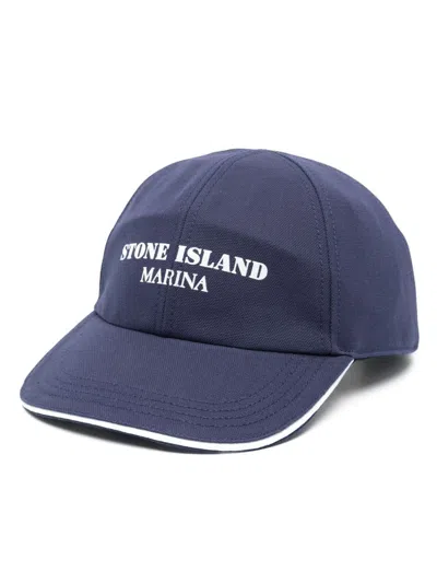 Stone Island Logo Cotton Baseball Cap In Blue