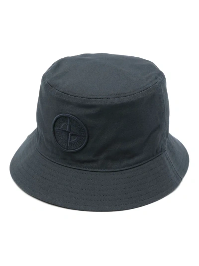 Stone Island Logo Cotton Bucket Hat In Blue