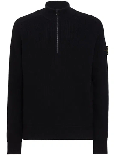 Stone Island Logo Cotton Half Zip Knit Sweater In Black