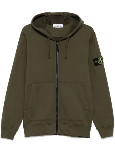 Stone Island Logo Cotton Zipped Hoodie In Green