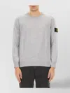 Stone Island Men Grey Ribbed Knit Crewneck Sweater With Logo Patch On The Sleeve In Wool Man