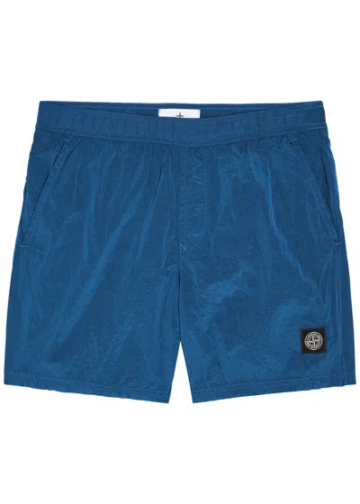 Stone Island Logo Crinkled Nylon Swim Shorts In Blue