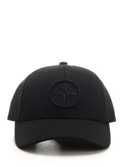 Stone Island Logo Debossed Baseball Cap In Black