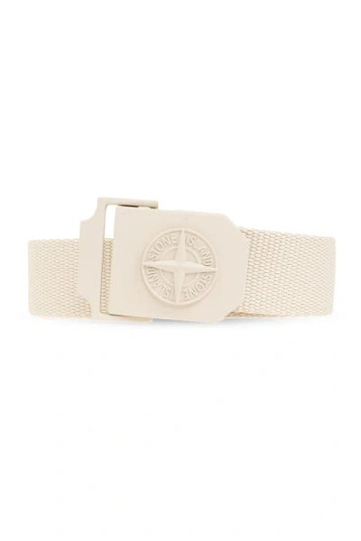 Stone Island Logo Detailed Buckle Belt In Beige