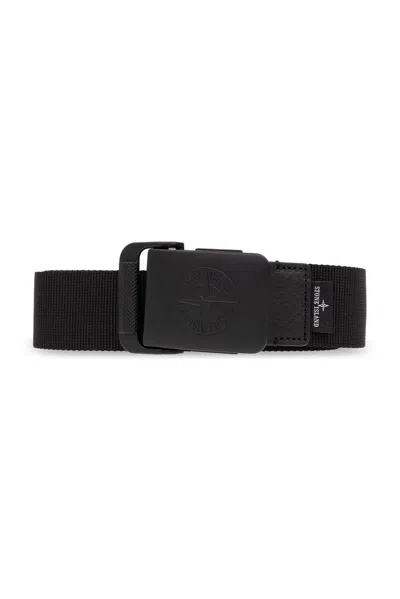 Stone Island Logo Detailed Buckle Belt In Black