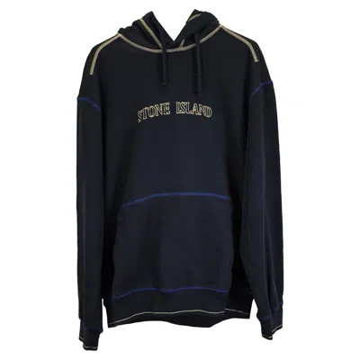 Stone Island Logo-embroidered Hoodie In Navy Blue Cotton