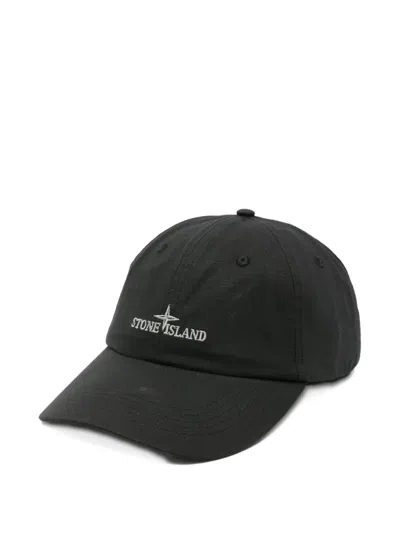 Stone Island Logo-embroidered Ripstop Cap In Black