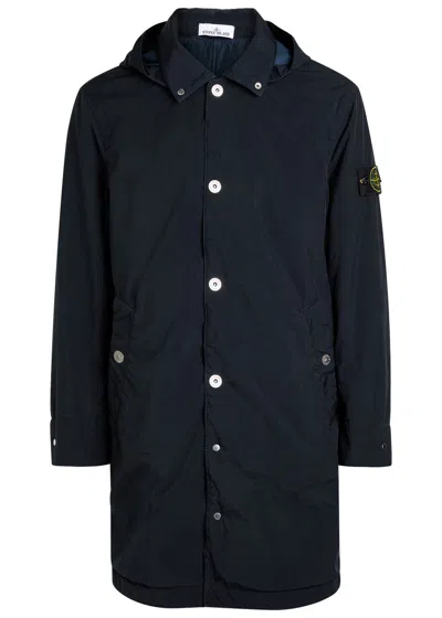 Stone Island Logo Hooded Shell Coat In Blue
