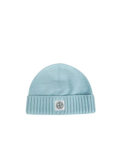 Stone Island Logo Knitted Hat In Blue