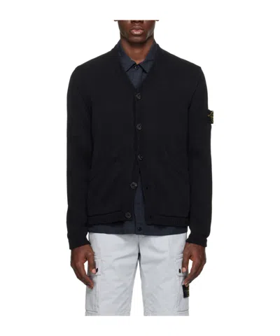 Stone Island Logo Medallion Knitted Cardigan In Blue