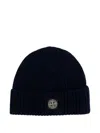 Stone Island Beanie With Compass Patch And Ribbed Cuff In Blue