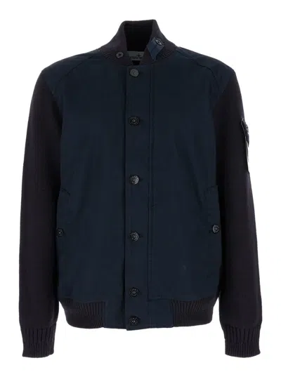 Stone Island Logo Patch Buttoned Jacket In Blue