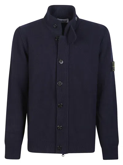 Stone Island Logo Patch Cardigan In Blue