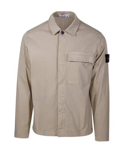 Stone Island Logo Patch Collared Shirt Jacket In Beige