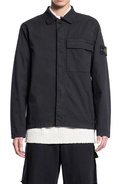 Stone Island Logo Patch Collared Shirt Jacket In Black