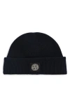 Stone Island Logo Patch Cotton Rib Beanie In Navy Blue