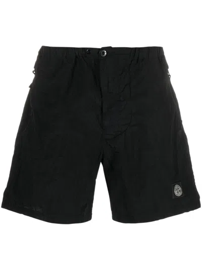 Stone Island Logo-patch Crinkled Shorts In Black