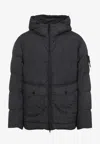 Stone Island Blue Down Jacket With Drawstring Hood And Logo Patch On The Sleeve In Tech Fabric Man In Black
