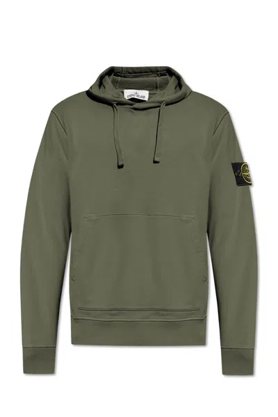 Stone Island Logo Patch Drawstring Hoodie In Green