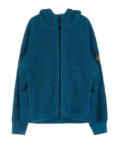 Stone Island Logo-patch Fleece Hoodie In Blue-green