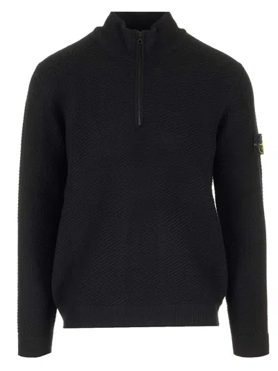 Stone Island Blue Navy Ribbed Turtleneck Sweater In Wool Men