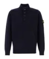 Stone Island Blue High Neck Sweater With Button Closure On The Front And Logo Patch On The Sleeve In Wool Man In Blue