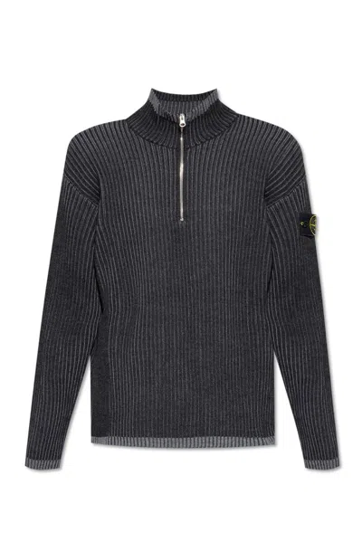 Stone Island Logo Patch High Neck Knitted Jumper In V0m65 Melange Charcoal