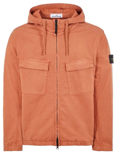 Stone Island Logo Patch Hoooded Drawstring Jacket In Red