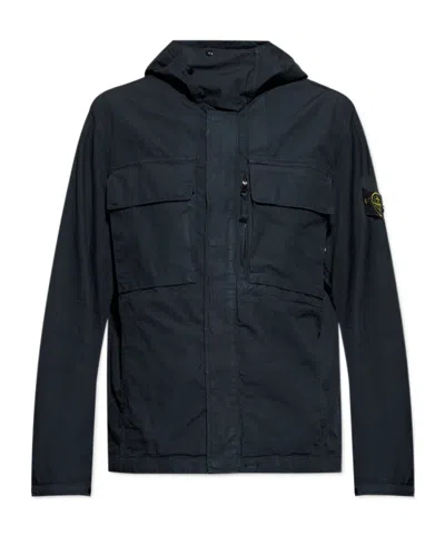 Stone Island Logo Patch Hooded Jacket In Blue