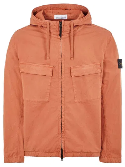 Stone Island Logo Patch Hoooded Drawstring Jacket In Rosso