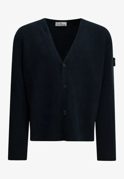 Stone Island Logo Patch Knitted Alpaca Cardigan In Blue