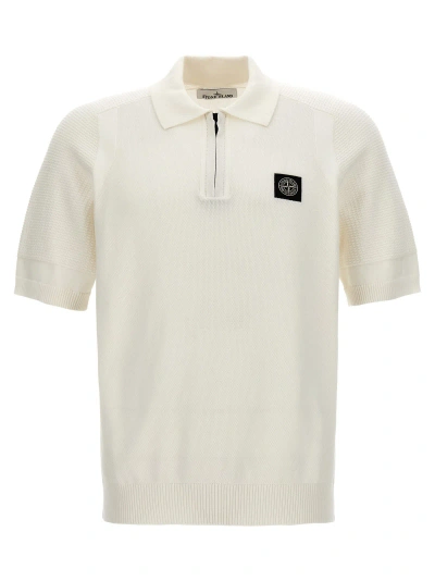 Stone Island Logo Patch Knitted Polo Shirt In White