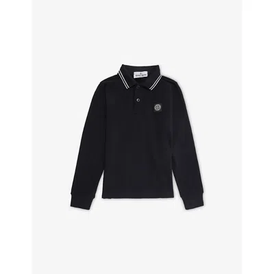 Stone Island Kids' Black Logo-patch Long-sleeve Cotton Polo Shirt 2-8 In Blue