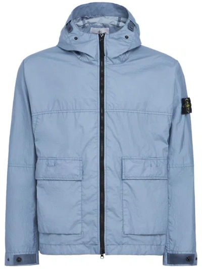 Stone Island Logo Patch Nylon Short Parka In Blue