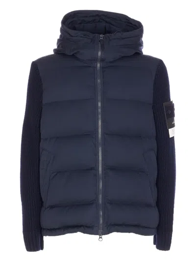 Stone Island Ghost Wool Down Jacket With Knitted Sleeves In Blue