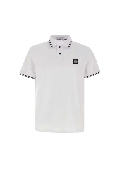 Stone Island Contrasting Trim Logo Patch Cotton Blend Polo Shirt In White