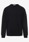 Stone Island Ribbed Detail Crew Neck Sweatshirt With Iconic Badge In Blue