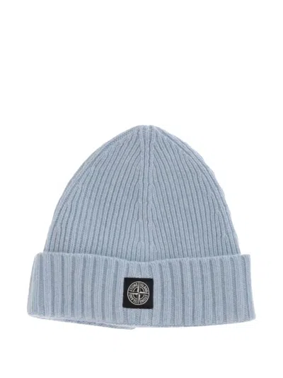 Stone Island Kids' Logo-patch Ribbed Beanie In Blue