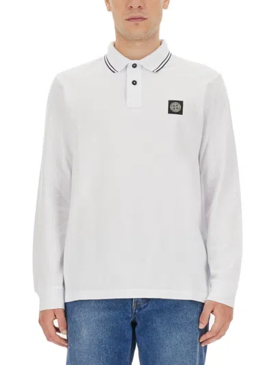 Stone Island Logo Patch Ribbed Polo Shirt In Bianco